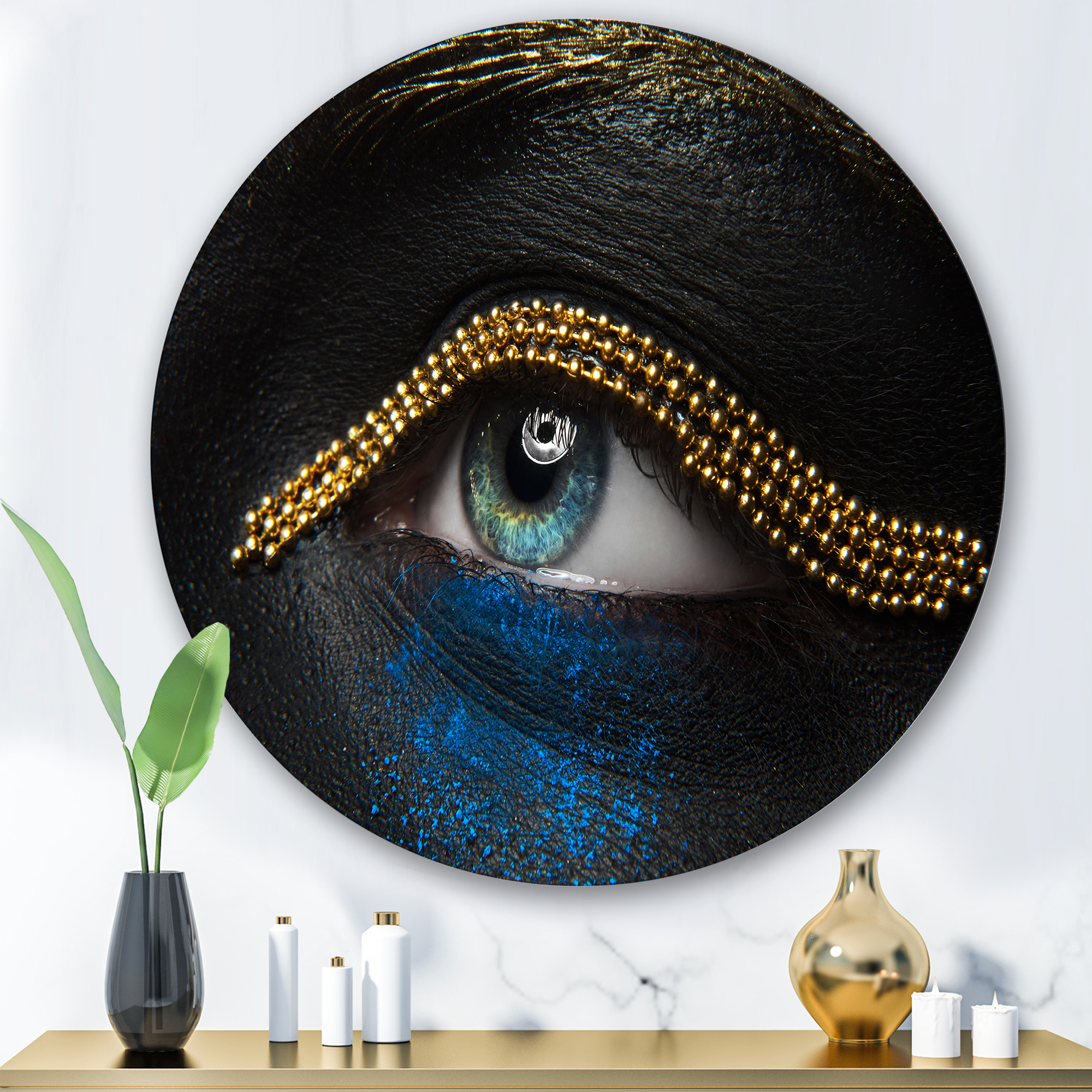 Designart 'Woman Eyes With Black Skin With A Gold Chain' Modern Circle Metal Wall Art 36x36 - Disc of 36