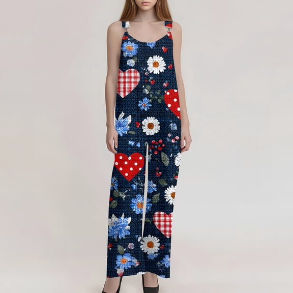 Women Valentines Overalls Sleeveless Cute Heart Print Outfits Straight Leg Valentines Rompers