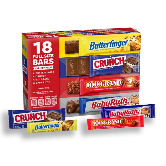Assorted Butterfinger, Crunch, Baby Ruth, and 100 Grand Full Size Chocolates, 18 count, 31.2 oz