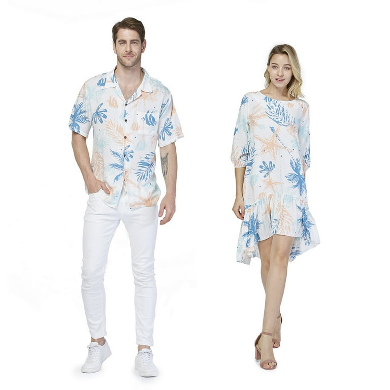 Couple Matching Hawaiian Luau Outfit Aloha Shirts in Sunset Blue