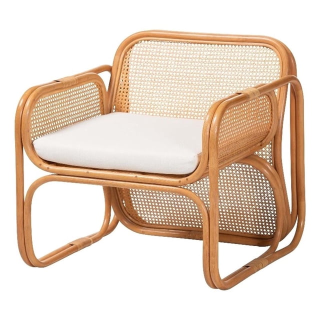 Pemberly Row Natural Rattan Armchair with Woven Panels and Removable Cushion