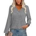 thumbnail image 2 of BiZtdJrK Womens Loose Fit T Shirts Ribbed Knit V Neck Long Sleeve Blouses Solid Casual Pullover Sweaters Going Out Tops, Gray, S, 2 of 9