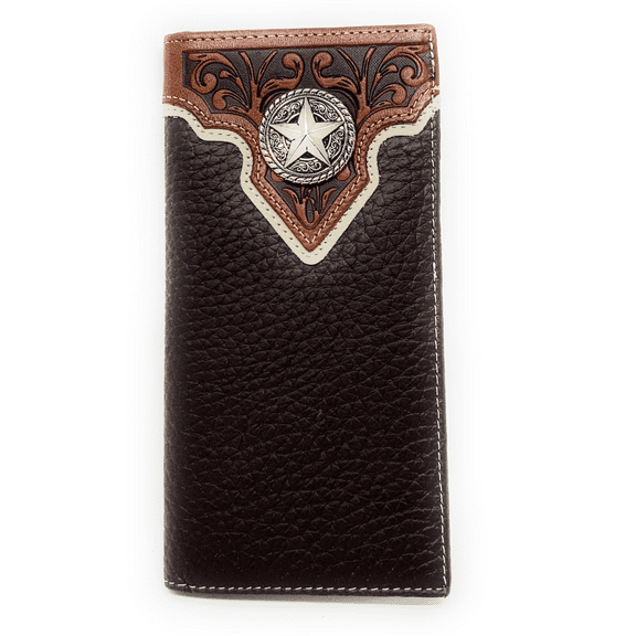 Western Mens Metal Lone Star Cowboy Genuine Leather Long Bifold Wallet