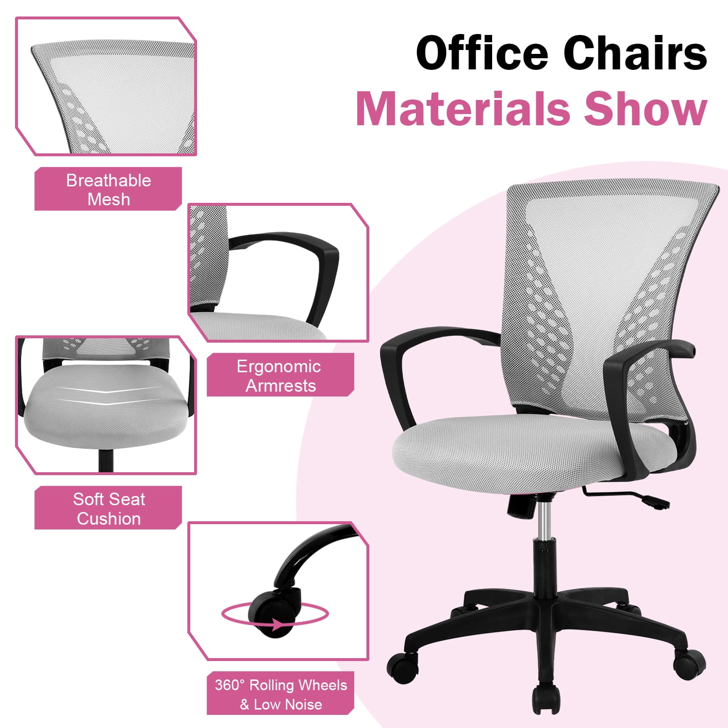 Mid-Back Office Chair, Ergonomic Computer Chair Adjustable Desk Chair with Armrest, Rolling Swivel Chair for Home&Office, Easy to Assemble, Grey