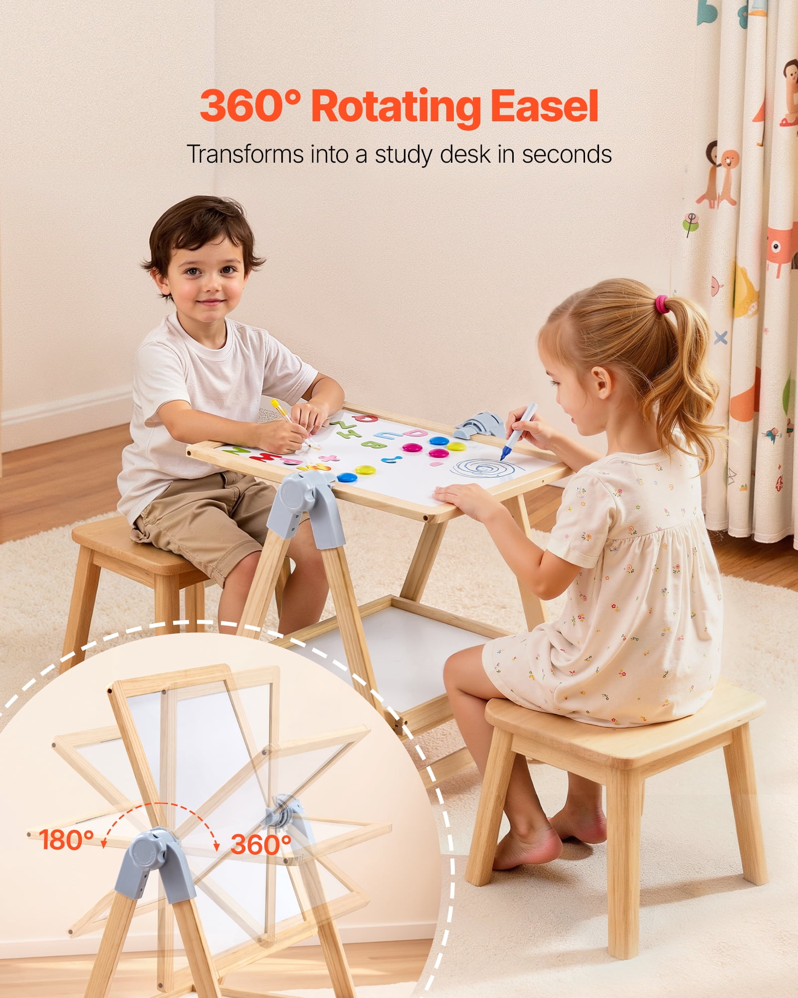 VEVOR Art Easel for Kids, 2-in-1 Wooden Double-Sided Kides Art Easel with Magnetic Whiteboard & Chalkboard, Adjustable Standing Rotatable Foldable Drawing Board with Painting Accessories for Boy Girl
