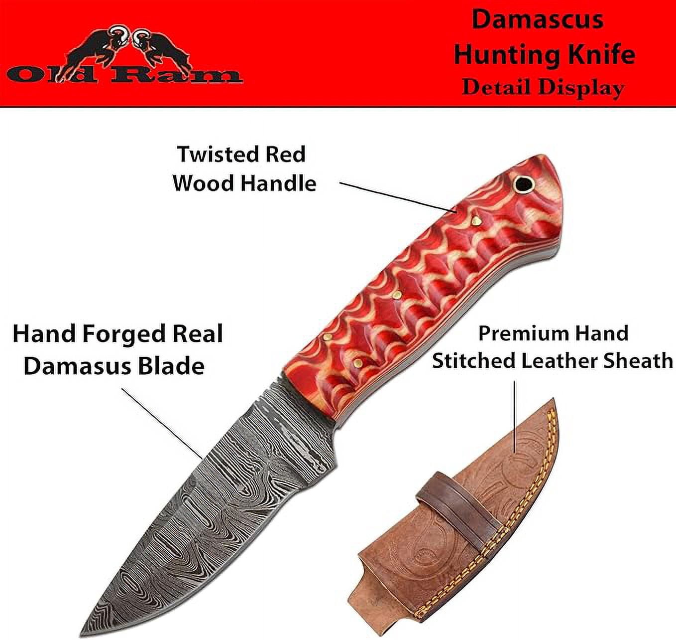 Old Ram Twisted Red Wood 8.25" Damascus Hunting Knife with Leather Sheath