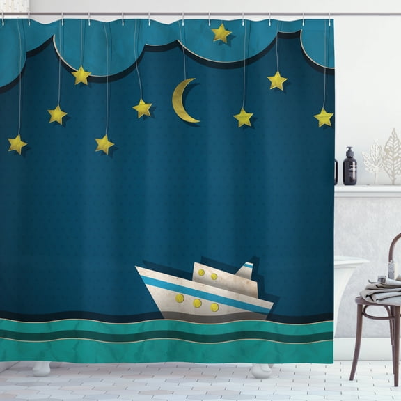 Vintage Boat Shower Curtain, Moon and Stars in the Sky Little Boat at Night on Waves Kids Baby, Fabric Bathroom Set with Hooks, 69W X 70L Inches, Night Blue Teal Yellow, by Ambesonne