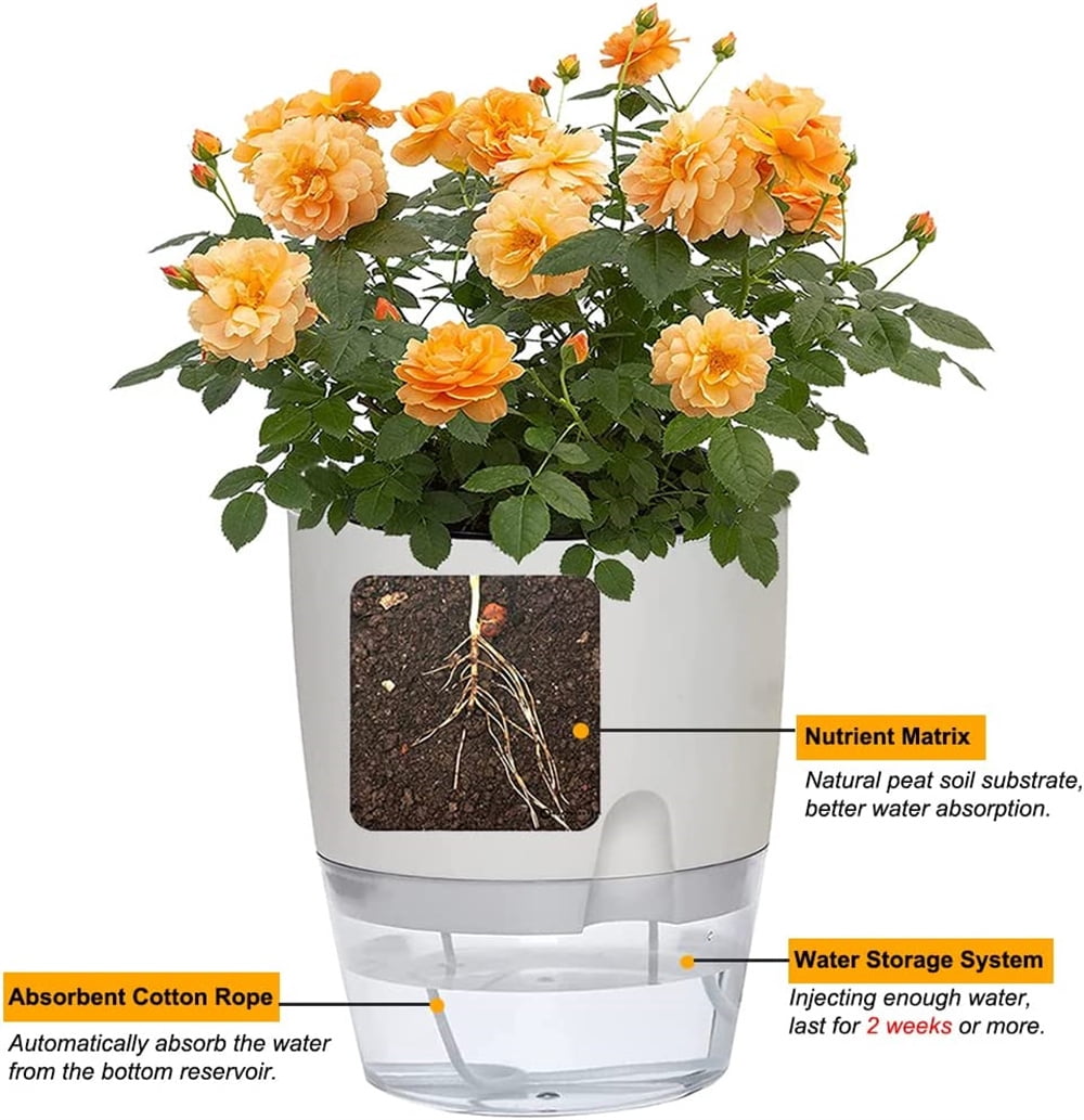 NOGIS 6 Inch Self Watering Flower Pots - Set of 3 Plants Wicking Pots, Violet Pots with Wick Cotton Rope, Plastic Planter Pot with Large Water Storage for Indoor Plants, Flowers, Herbs (White)
