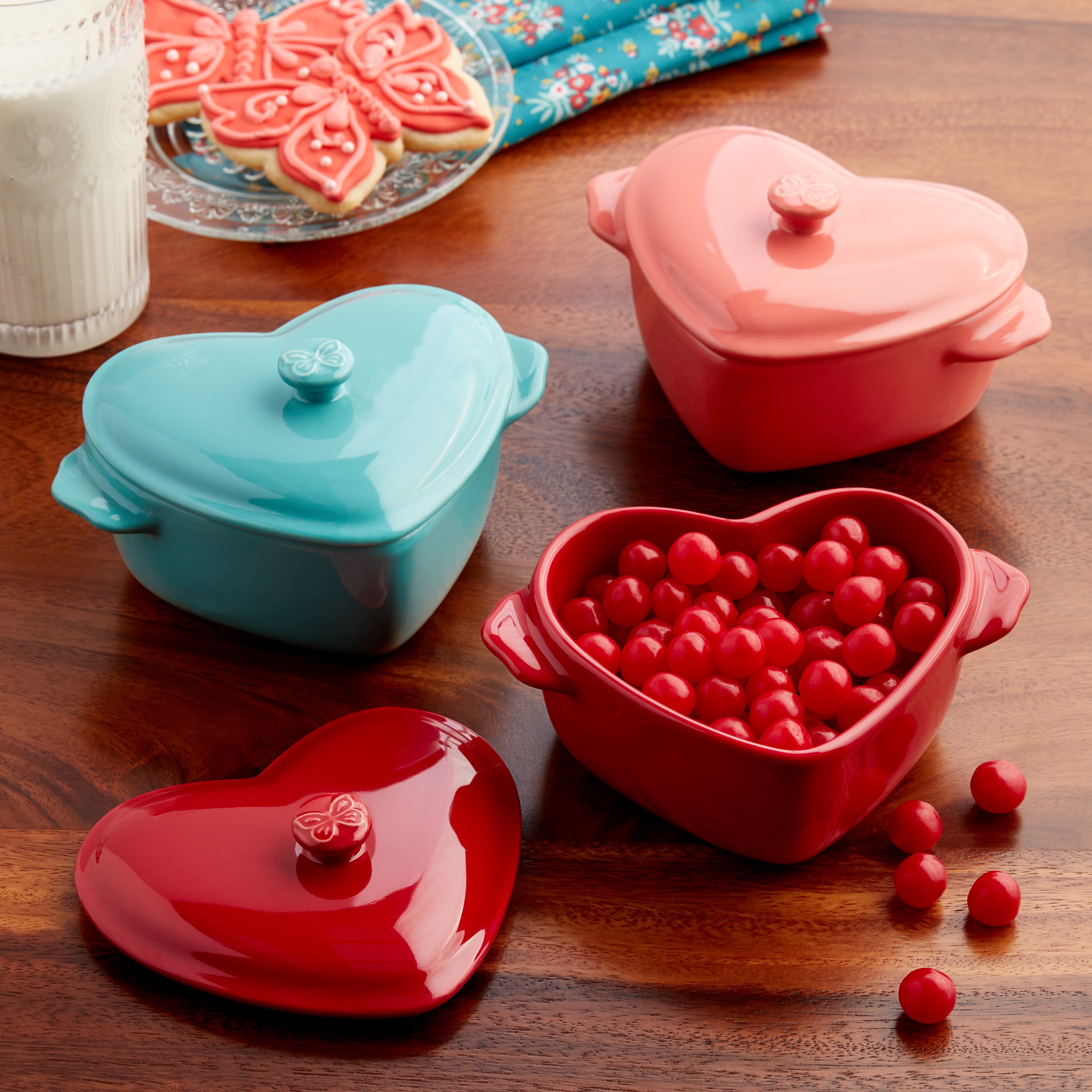 3 Multi Colored Mini Hearts Ceramic Baking Dish with Lid, The Pioneer Woman 6.45"