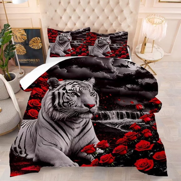 Juego de edredón VTKON Kids Tiger de tamaño completo con estampado de rosas rojas en 3D