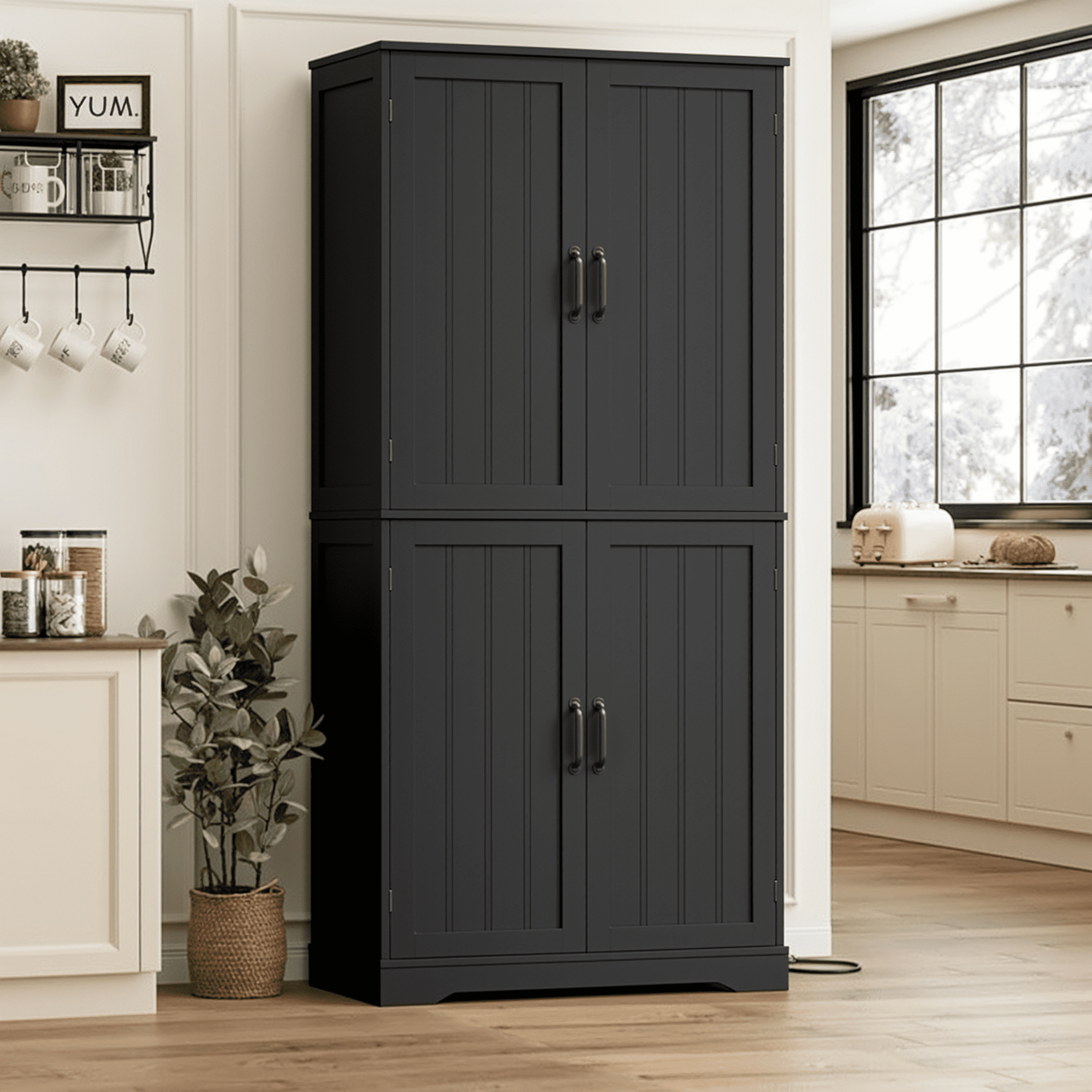 Homfa 71'' Kitchen Pantry Cabinet with 4 Doors, Modern Black Storage Cabinet for Dining Room Living Room