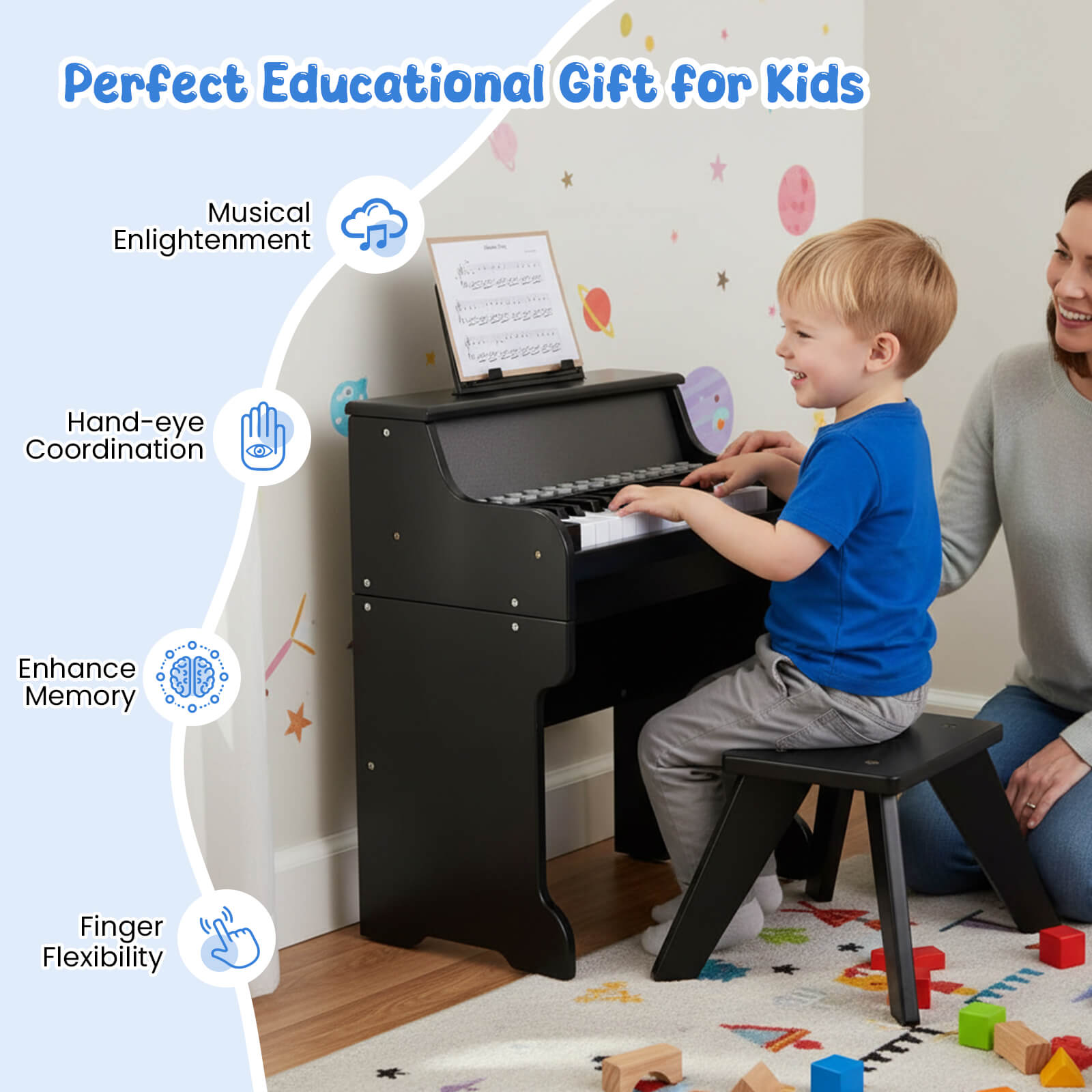 Infans 25 Keys Digital Piano w/Music Stand Stool Lighted Keys Teaching Mode for 3+ Kids