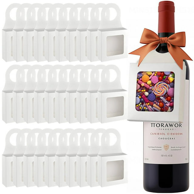 Caja de regalo para botellas de vino de papel kraft de 30 piezas con ventana transparente y orificio para colgar, caja creativa para dulces, trufas, galletas de chocolate (6,3 x 3,54 x 1,18 pulgadas)