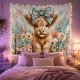 thumbnail image 2 of Young Highland Cow With Blue Floral Bow and Western Decor Cozy Farmhouse for Animal Lovers Western Wall Art Decor Birthday Gift Tapestry Wall Hanging for Bedroom and Living Room, 2 of 7