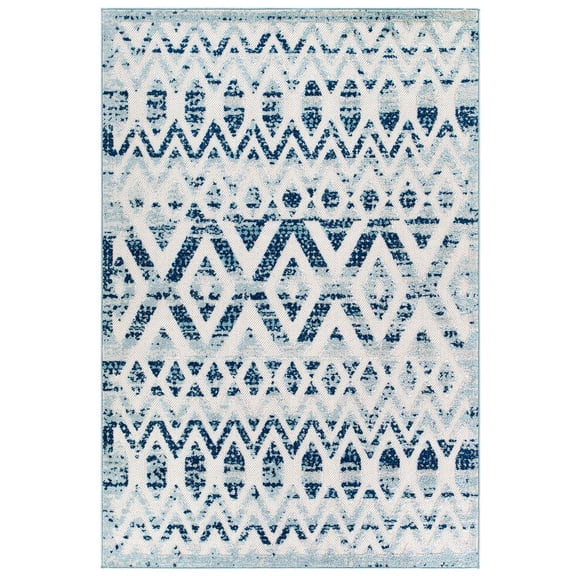 Modern Contemporary Living Lounge Room, Indoor and Outdoor Area Rug Runner Floor Carpet, Moroccan Distressed Vintage Style, Fabric, Blue Ivory White