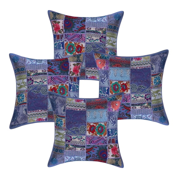 Stylo Culture Indian Cotton Home Decor Throw Pillow Sham Covers Grey 18x18 Bohemian Vintage Patchwork Indian Couch Cushion Covers 45 x 45 cm Living Room Abstract Square Pillowcases | Set Of 4