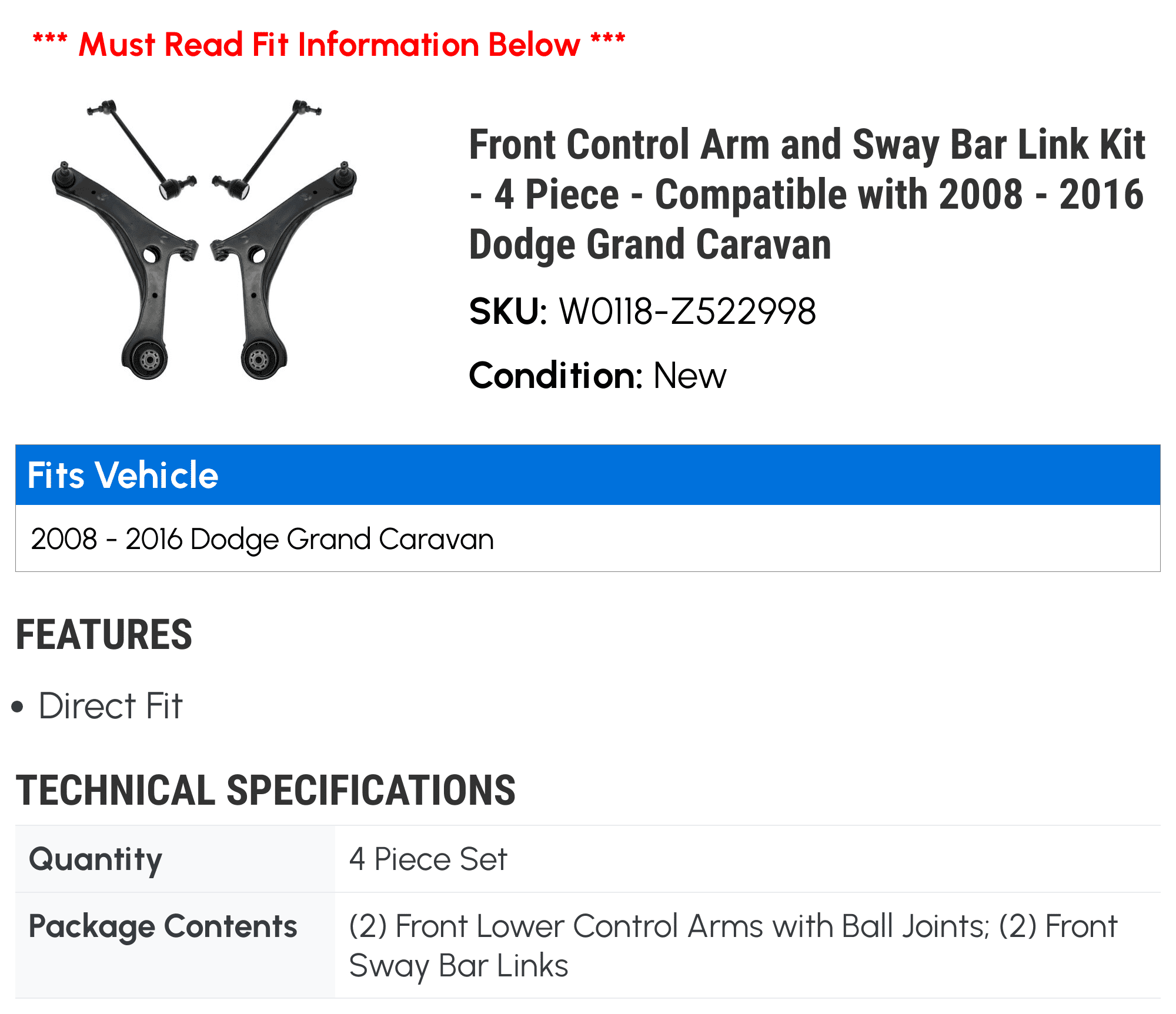 Front Lower Control Arm Sway Bar Link Kit for 2008-2016 Dodge Grand Caravan