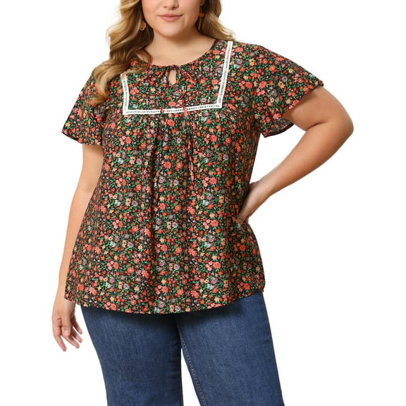 GRACE & GRANDEUR Women's Plus Size Easter Floral Print Blouse Pintucked Trim Front Tie Neck Tops Ruffle Sleeve Summer Vacation Blouses 1X Black