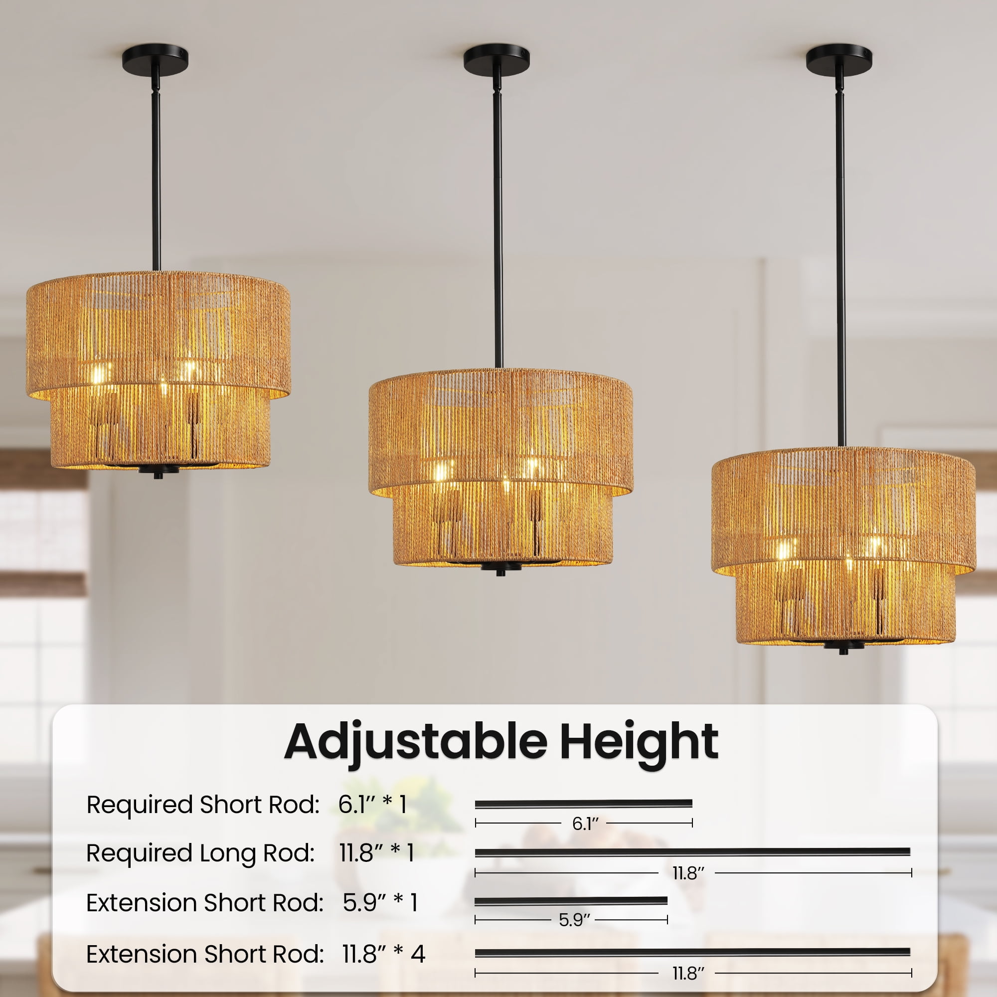 Woven Hemp Rope 5-light Pendant Light Hanging Fixture for Living Room Dining Room and Bedroom