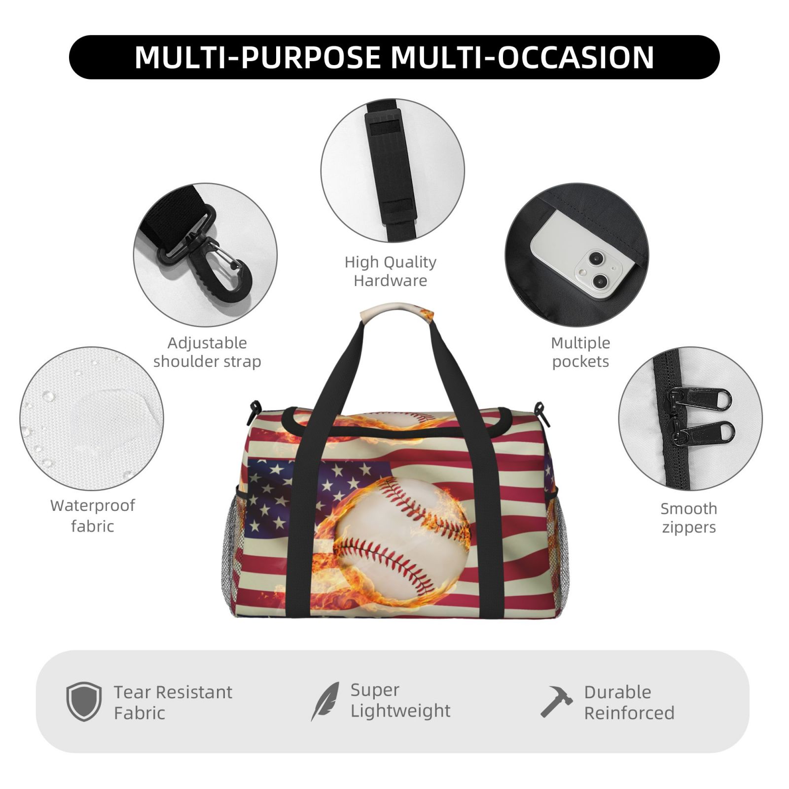 Kuqiui Baseball Ball With Flag Print Foldable Travel Duffel Bag Tote Carry on Luggage Bag Personal item Sports Gym Bag Water Resistant Weekender Overnight Bags for Women and Men