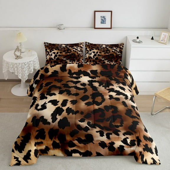 Erosebridal Leopard Print Queen Size Comforter Set,Brown Leopard Bedding for Youth,Cheetah Quilt,Valentine's Day Duvet Insert with 2 Pillowcases Lightweight