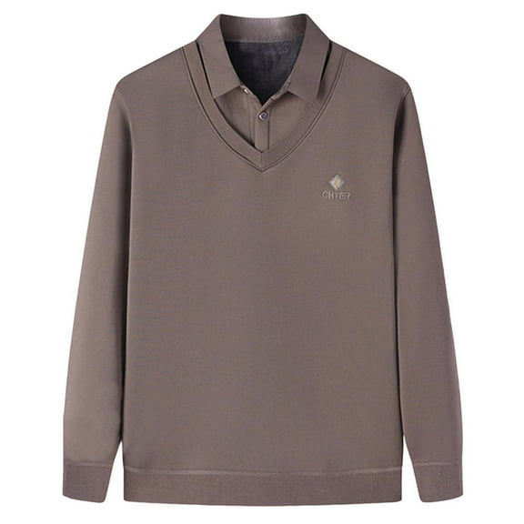 Xzbqbs Men's Long Sleeve Polo Shirts Solid Color Button Lapel Thickened Pullover Tops Casual Fake Two Pieces Fall Winter Shirts