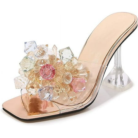 

XWQYRG Women s Crystal Flower Heels Square Toe Heeled Mule Stiletto Dress Party Wedding Sandals