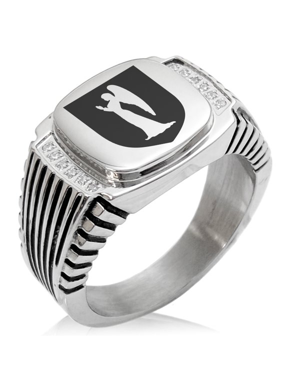 Stainless Steel Angel Divinity Coat of Arms Shield CZ Ribbed Needle Stripe Pattern Biker Style Polished Ring