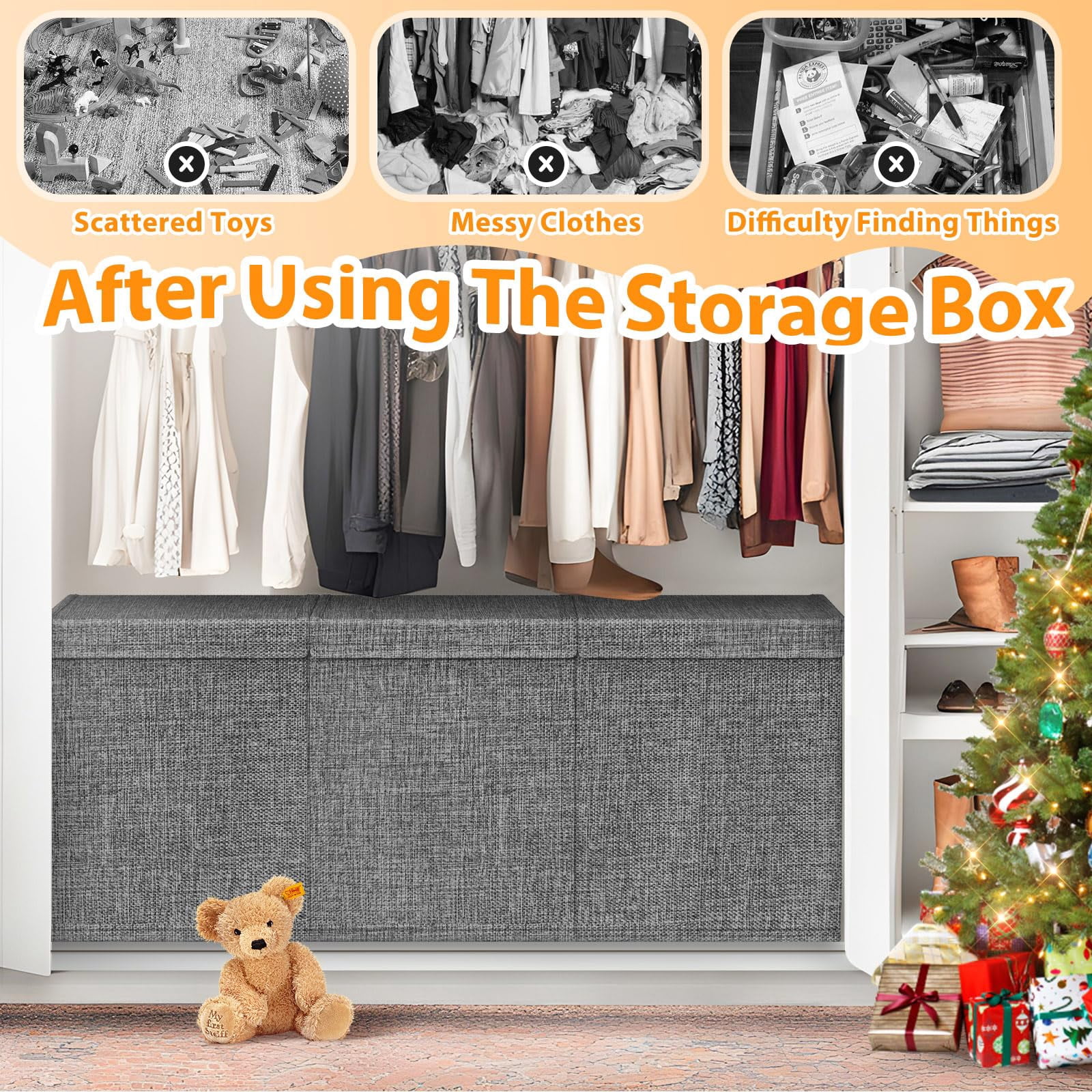 Extra Large Toy Box, Collapsible Sturdy Kids Toy Storage Storage Box with 2 Side bags and Removable Lids，large Toy Chest for Boys, Girls, Nursery, Living Room, Playroom,Gray