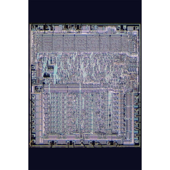 24x36 gallery poster, Die photograph of a MOS 6502, an early 1970s microprocessor integrating 3500 transistors on a single chip