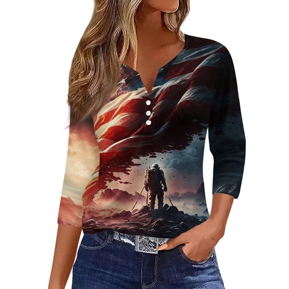 Womens 250th Anniversary USA Shirts 3/4 Sleeve Tshirts Casual USA Flag Print Tops 4th of July Celebration Party Pullover Independence Day Patriotic V Neck 1776-2026 Blouses White 2XL