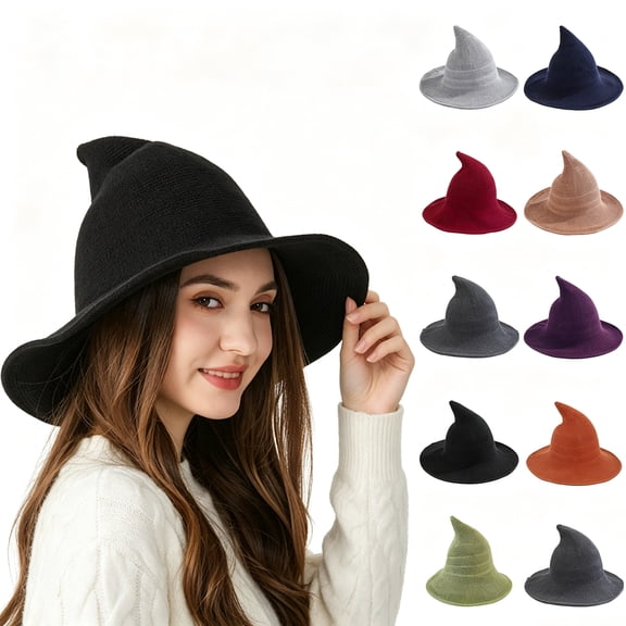 NSLGXD Wide Brim Knitted Witch Hats for Women Adjustable Halloween Costume Party Hat 14.17''x 9.45''