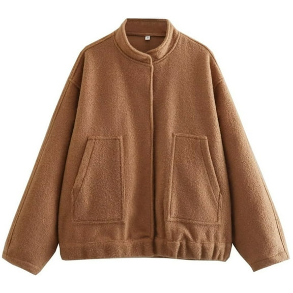 Silver Basic Loose Casual Womens Street Y2K Jacket Overcoat With Stand Up Collar And Hidden Button Coat S,Brown-1