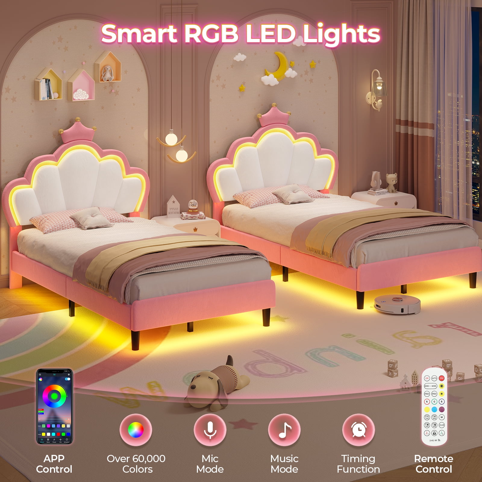 Twin Size Girl Bed Frame with LED Lights, Princess Bed with Adjustable Headboard, Twin Bed Velvet Upholstered Platform Bed with Princess Crown, Solid Wood Slats Support,Pink