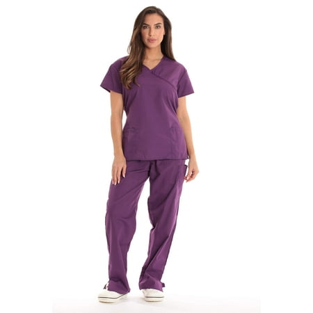 

Just Love Women s Scrub Sets Medical Scrubs (Mock Wrap) - Comfortable and Professional Uniform in (Eggplant with Eggplant Trim Large)