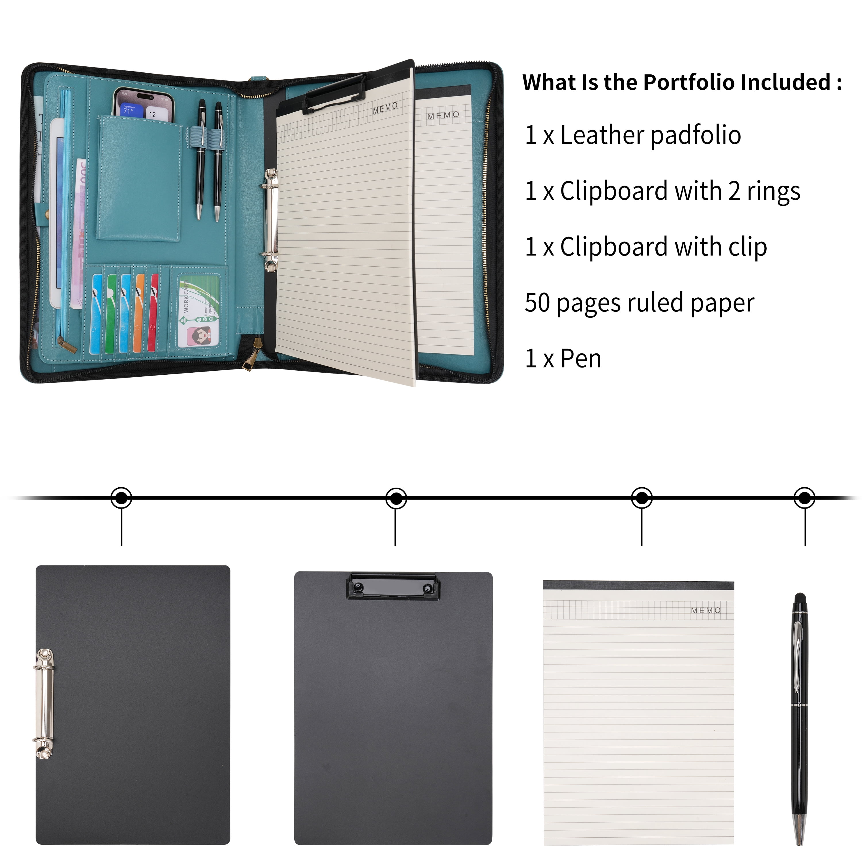 Wason A4 Portfolio with Zipper - Leather PU Padfolio with Detachable Ring Binder and Writing Notepad Holder, Conference File Multi-Pockets Organizer for Office Travel School (Cyan)