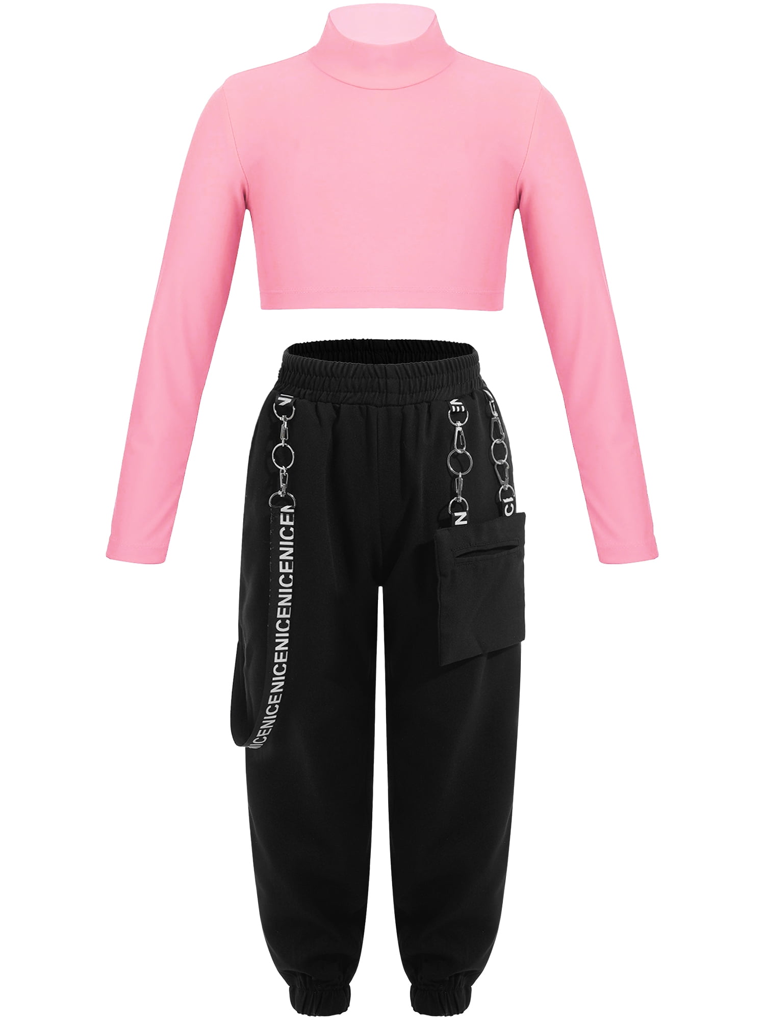 Yeahdor Girls Long Sleeve Crop Top with Chain Pocket Sweatpants Dance Outfit Hip Hop Street Dance Costume Walmart
