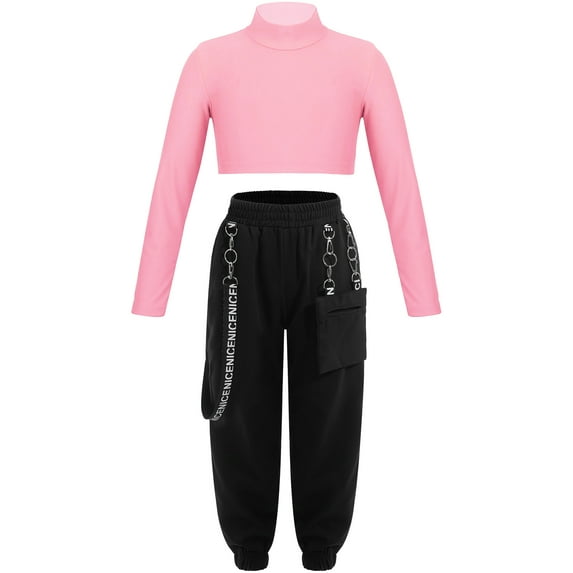 Yeahdor Girls Long Sleeve Crop Top with Chain Pocket Sweatpants Dance Outfit Hip Hop Street Dance Costume