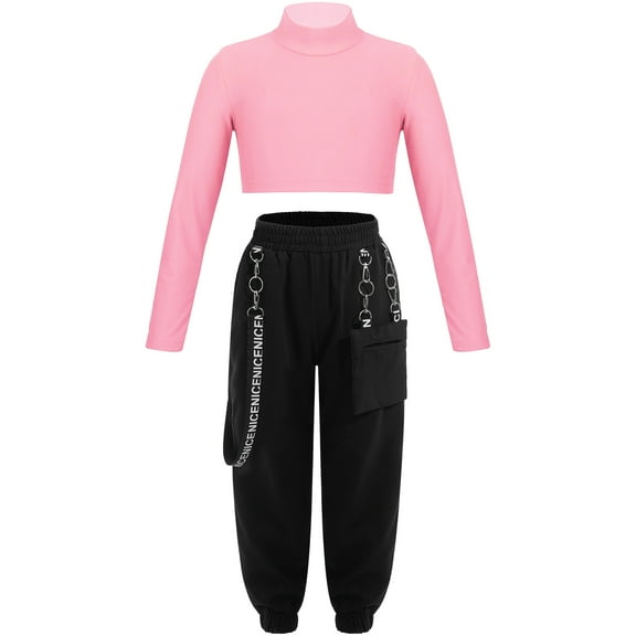 YIZYIF Girls Solid Color Long Sleeve Cropped T-Shirt with Sweatpants Dance Suit Outfit Hip Hop Dance Costume