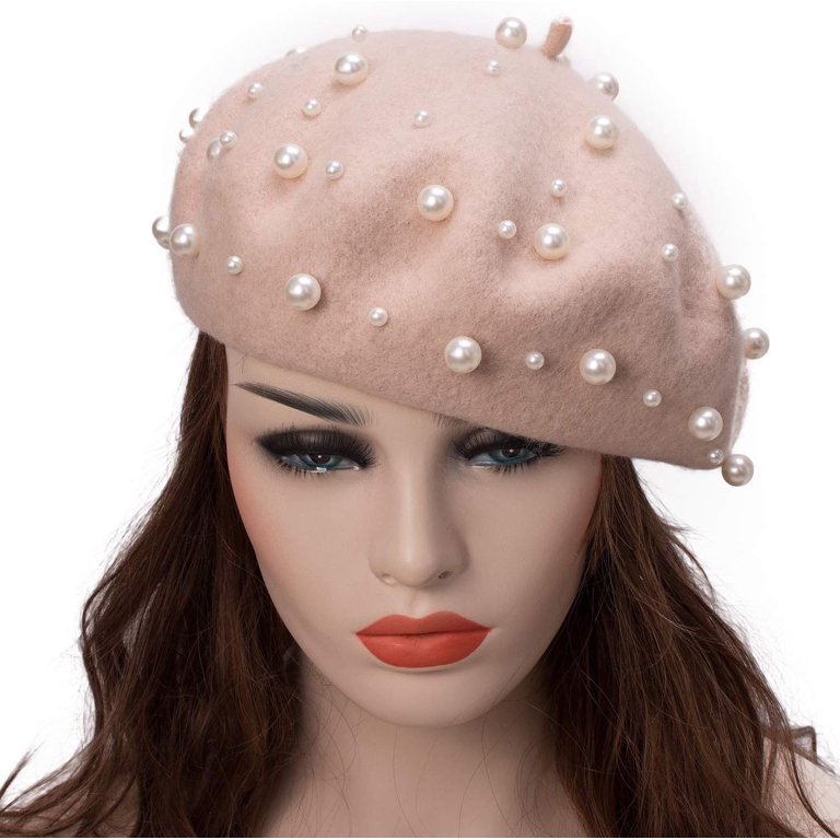 1641 Women\'s Wool Berets Sweet French Pearl Beaded Beret Cap Winter Hat Women main image 3