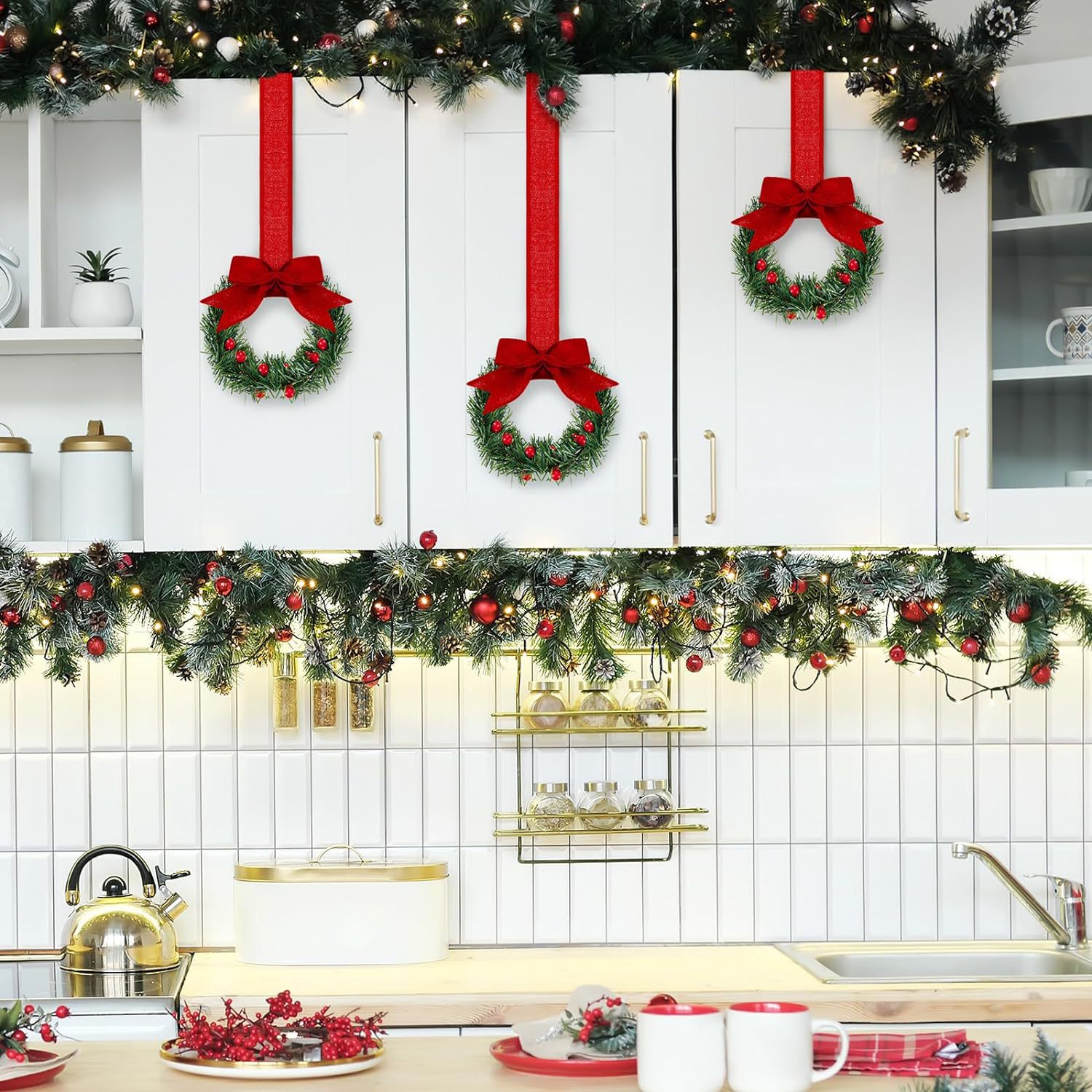 12PCS Christmas Kitchen Cabinet Wreaths with Ribbon Mini Christmas ...