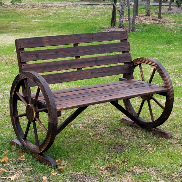 Outsunny Wooden Wagon Wheel Bench Rustic Outdoor Patio Furniture, 2