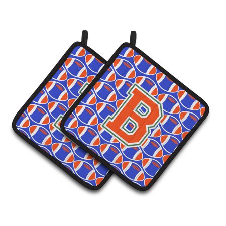 Letter B Football Green  Blue and Orange Pair of Pot Holders