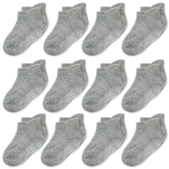 CozyWay Baby Socks with Grippers - Non Slip Ankle Grip Socks For Boys Girls Babies Infants - Comfy Soft Cotton - For Ages 1-11 Months - Unisex Gray - 12 Pack