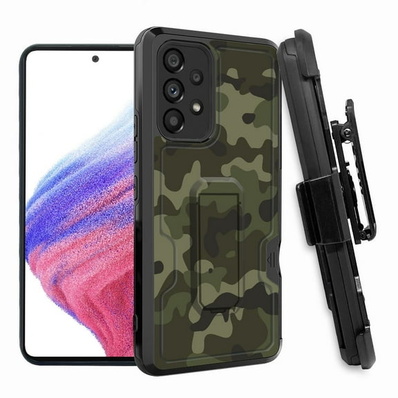 ANJ  Rugged Shockproof Hoster Case w/Card Slot, Kickstand   Tempered Glass Cover for Samsung Galaxy A33 5G - Army Green Camo