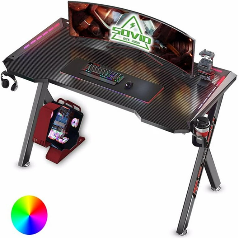 Gaming Desk with LED RGB Lights 47 Inch PC Computer Desk Y Shaped Gamer  Setup Accessories for Sons' Gift Game Table Gamer Handle Rack Cup Holder &  Headphone Hook Black and red