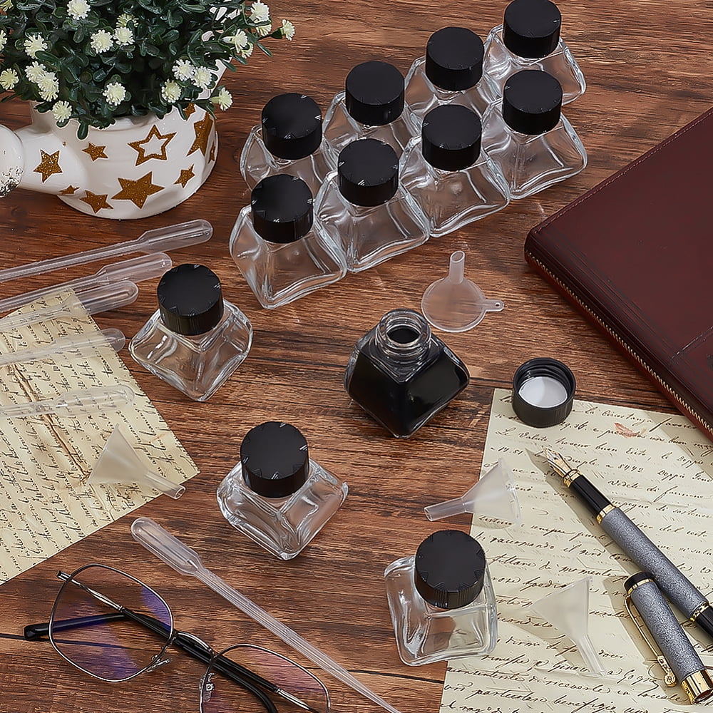 Glass Fountain Pen Ink Bottle with Plastic Bottle Cap Funnel Hopper Dropper Clear 4x4.3x5.7cm Capacity: 30ml(1.01fl. oz) 12pcs for making