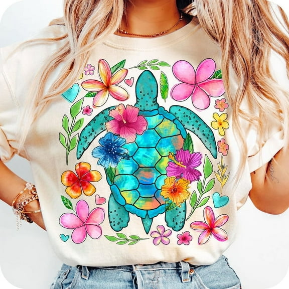 Boho Floral Sea Turtle T-Shirt, Summer Tee, Brushstroke Turtle Shirt, Beach T-Shirt, Turtle Graphic Tee, Nautical Sublimation Shirt, Fisherman Aesthetic Tee