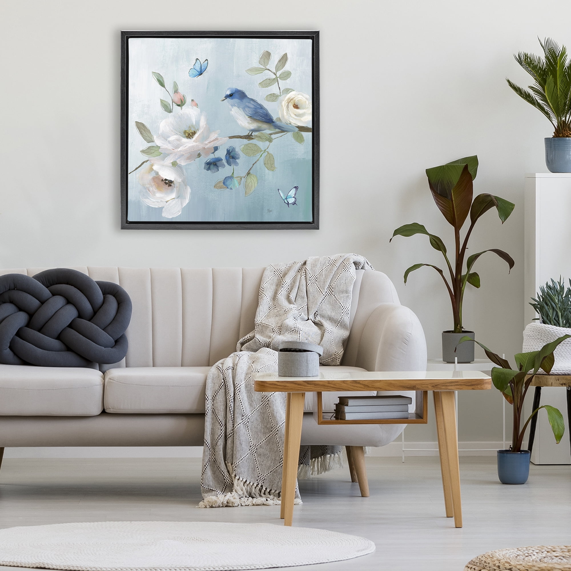 Stupell Industries Pastel Blue Bird Blooms Black Framed Floater Canvas Wall Art, design by Nan
