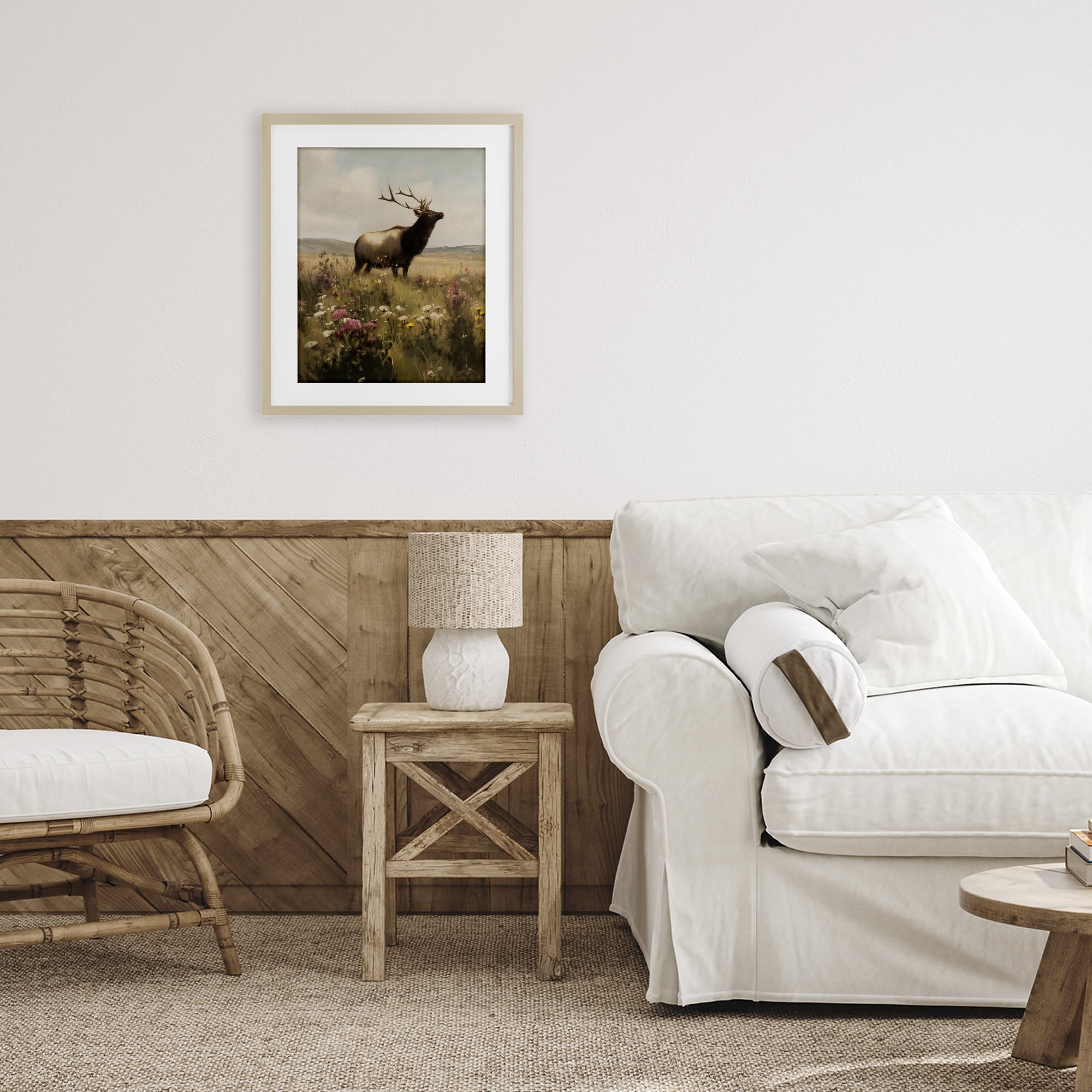 Stupell Industries Elk in the Wildflower Meadow Birch Framed Print Under Glass, design by Arlington Prints